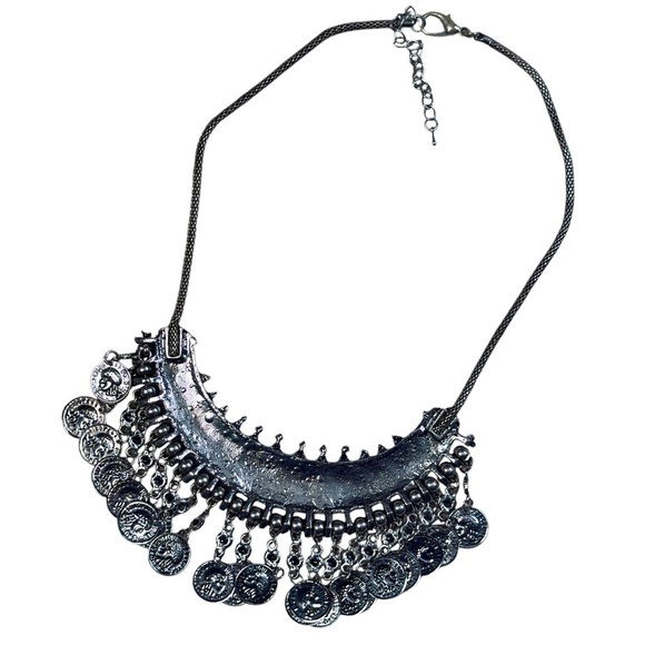 Bohemian Gypsy Silver Tone Metal Coin Statement Necklace - Picture 3 of 14